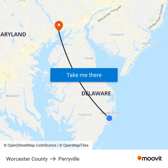 Worcester County to Perryville map