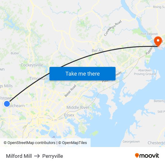 Milford Mill to Perryville map