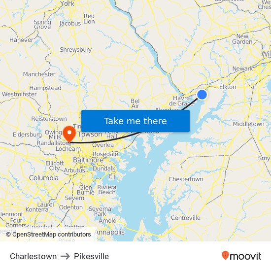 Charlestown to Pikesville map