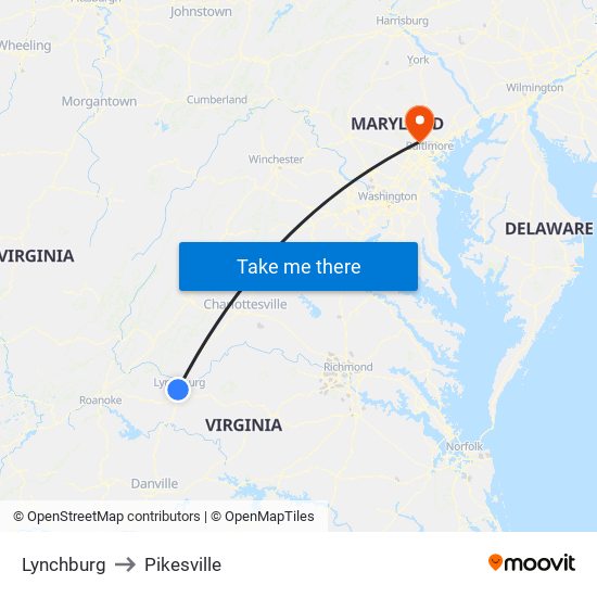 Lynchburg to Pikesville map