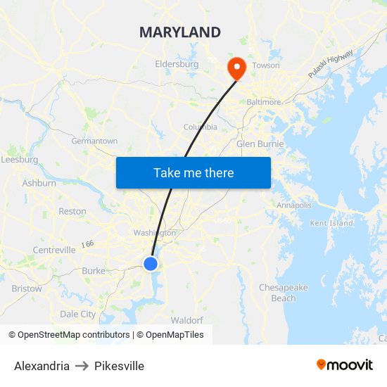 Alexandria to Pikesville map