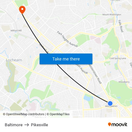 Baltimore to Pikesville map