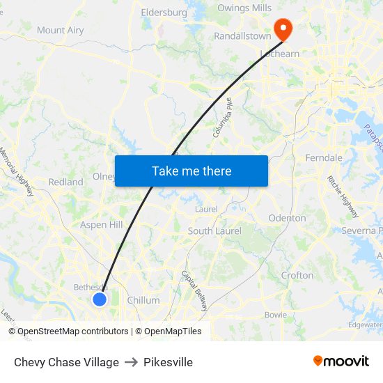 Chevy Chase Village to Pikesville map