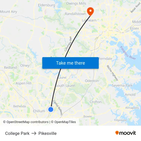 College Park to Pikesville map