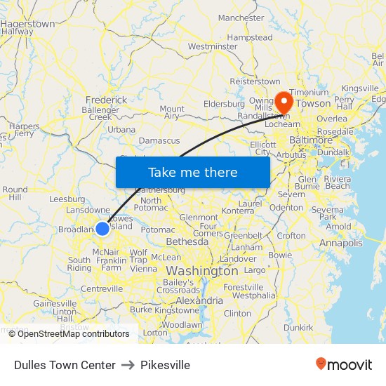 Dulles Town Center to Pikesville map