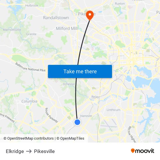 Elkridge to Pikesville map