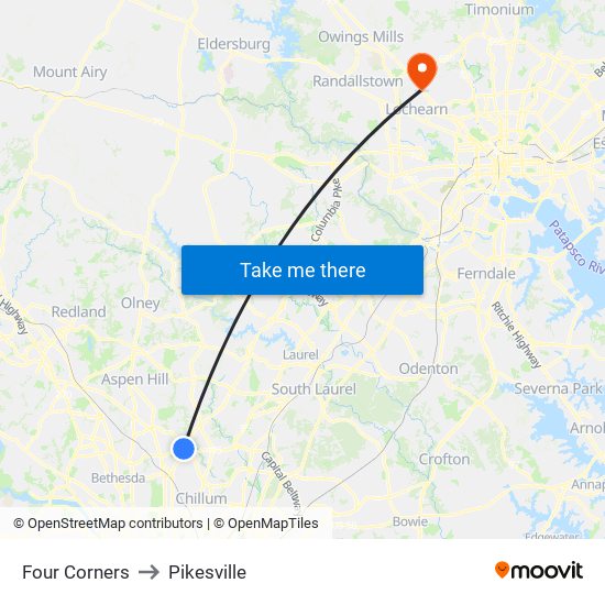 Four Corners to Pikesville map