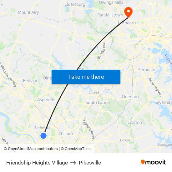 Friendship Heights Village to Pikesville map