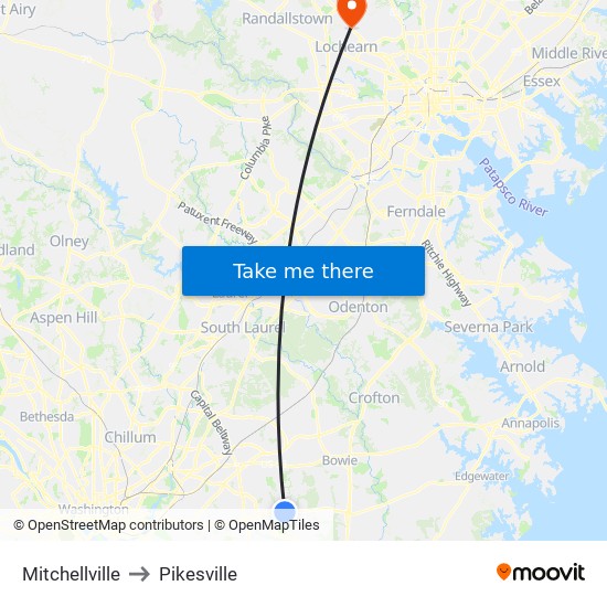 Mitchellville to Pikesville map