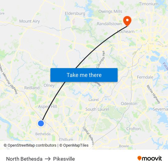 North Bethesda to Pikesville map