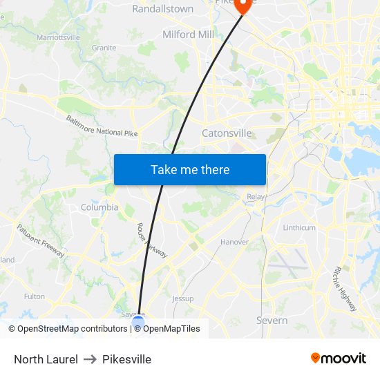 North Laurel to Pikesville map