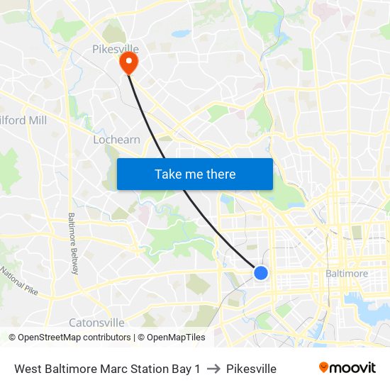 West Baltimore Marc Station Bay 1 to Pikesville map