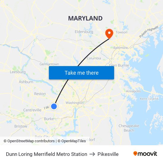 Dunn Loring Merrifield Metro Station to Pikesville map