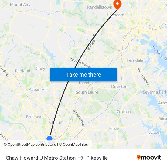 Shaw-Howard U Metro Station to Pikesville map