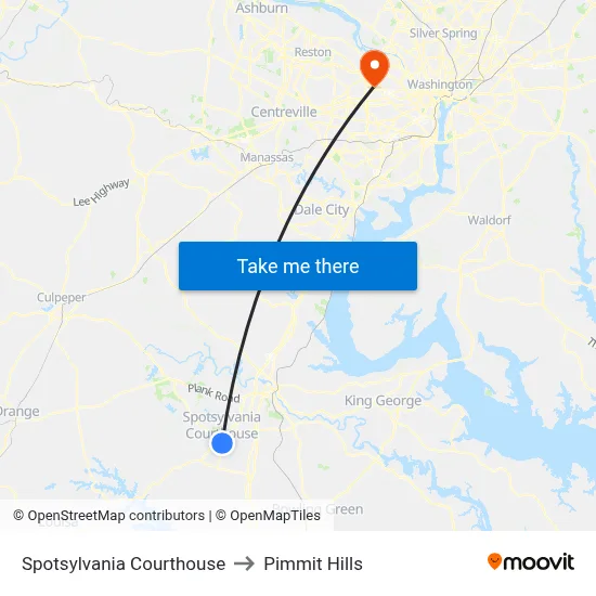 Spotsylvania Courthouse to Pimmit Hills map