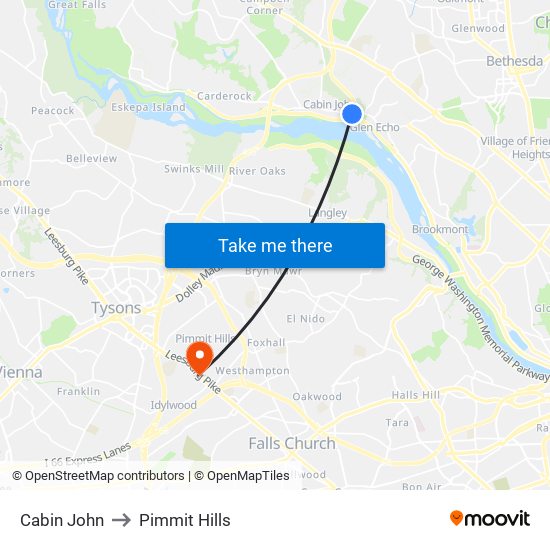 Cabin John to Pimmit Hills map