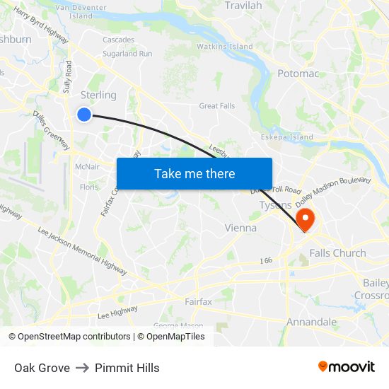 Oak Grove to Pimmit Hills map