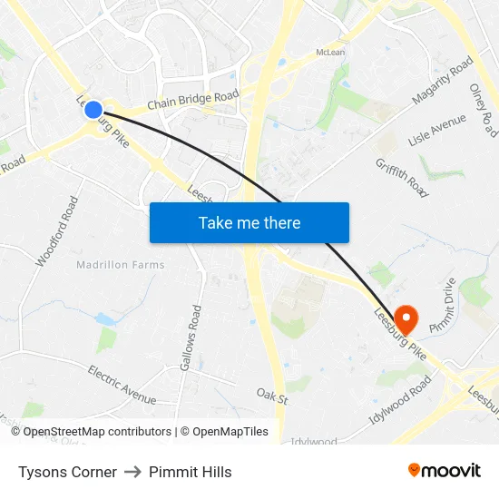 Tysons Corner to Pimmit Hills map