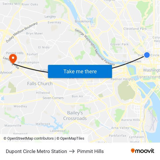 Dupont Circle Metro Station to Pimmit Hills map