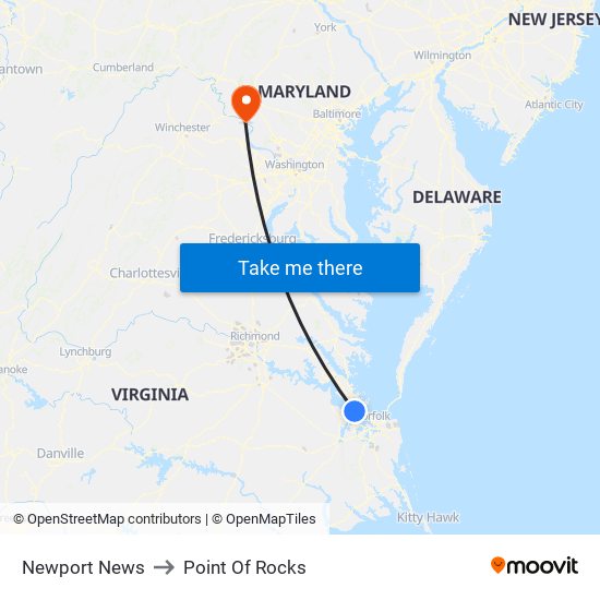 Newport News to Point Of Rocks map