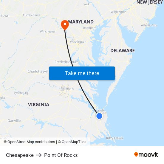 Chesapeake to Point Of Rocks map