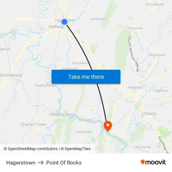 Hagerstown to Point Of Rocks map