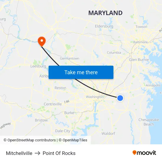 Mitchellville to Point Of Rocks map