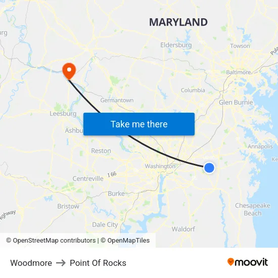 Woodmore to Point Of Rocks map