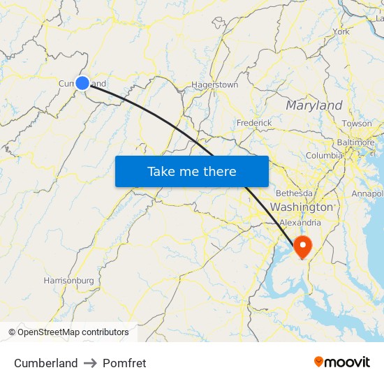 Cumberland to Pomfret map