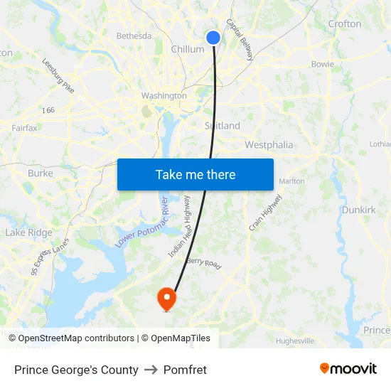 Prince George's County to Pomfret map