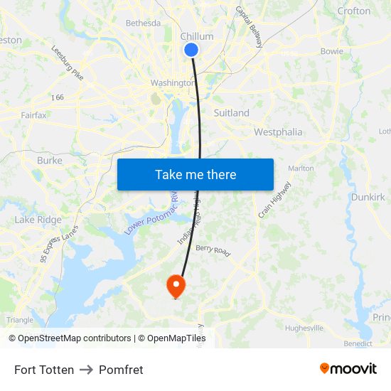 Fort Totten to Pomfret map