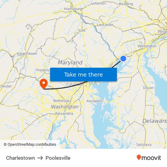 Charlestown to Poolesville map