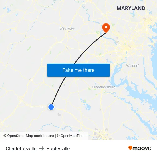Charlottesville to Poolesville map