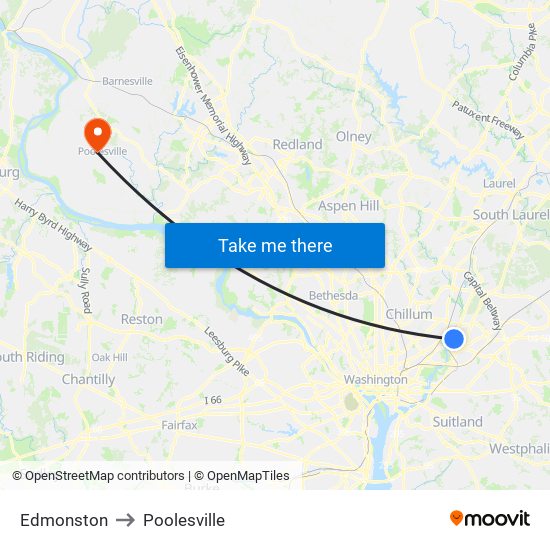 Edmonston to Poolesville map