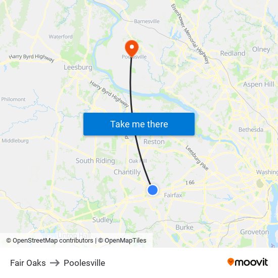 Fair Oaks to Poolesville map