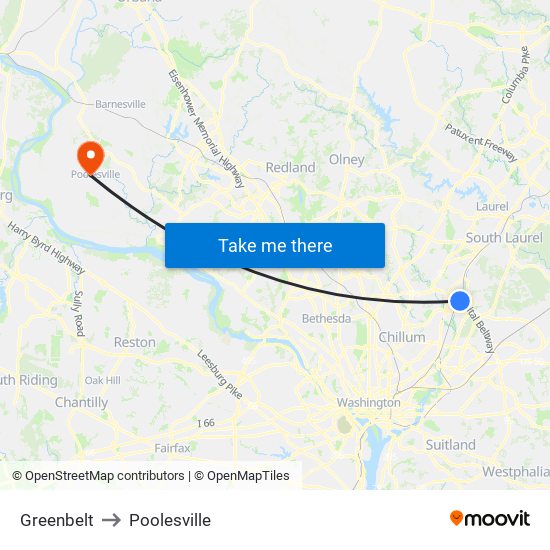 Greenbelt to Poolesville map