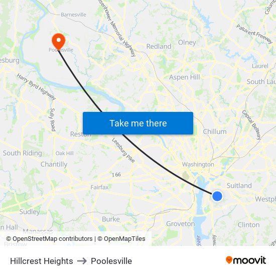 Hillcrest Heights to Poolesville map