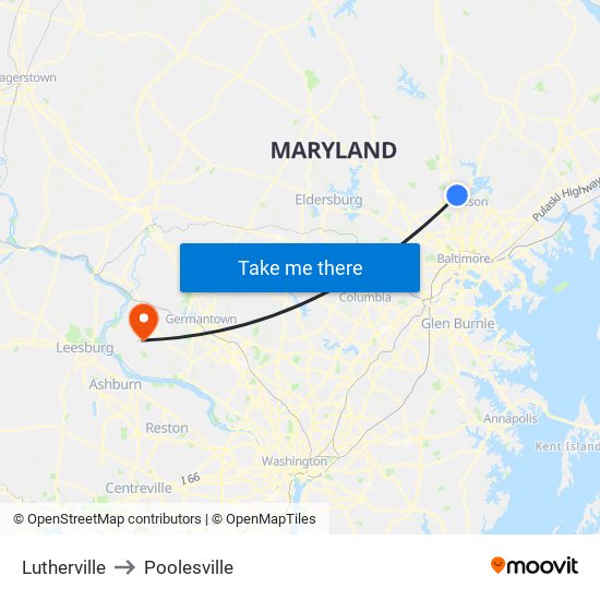 Lutherville to Poolesville map