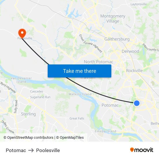 Potomac to Poolesville map