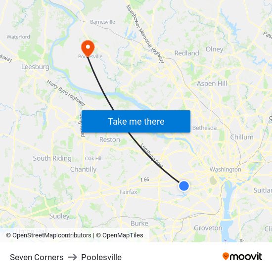 Seven Corners to Poolesville map