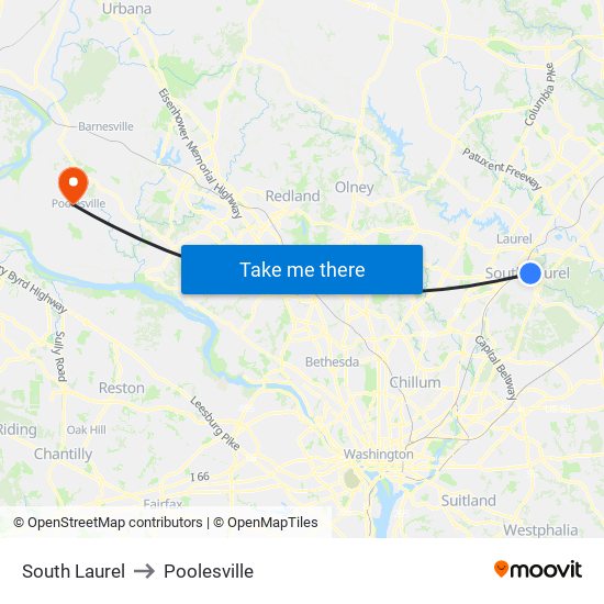 South Laurel to Poolesville map