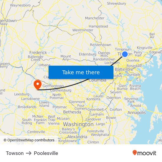 Towson to Poolesville map