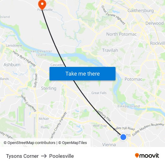 Tysons Corner to Poolesville map