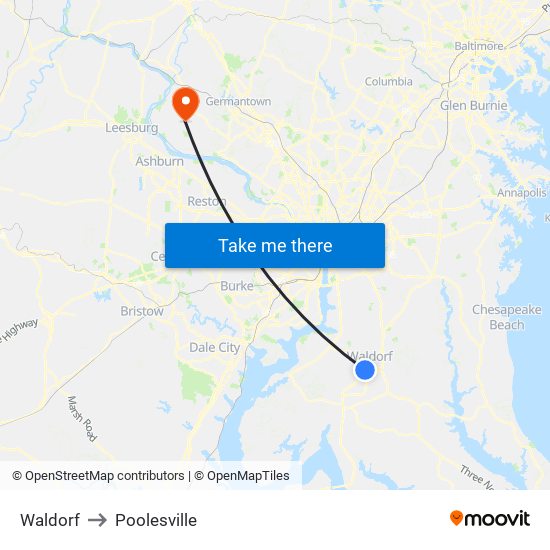 Waldorf to Poolesville map