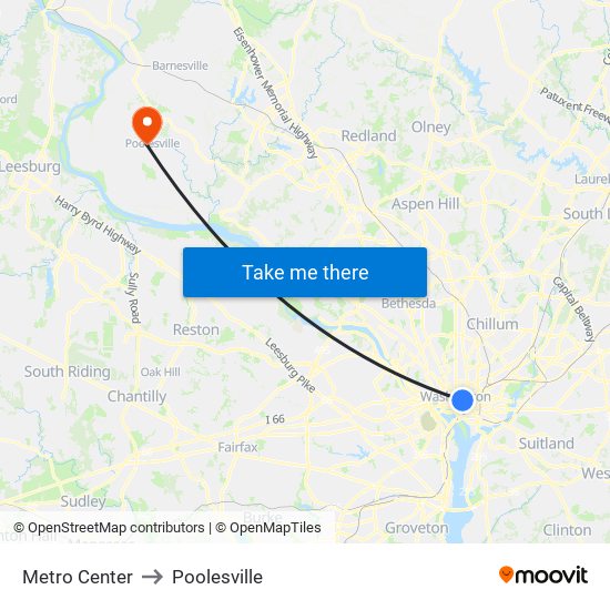 Metro Center to Poolesville map