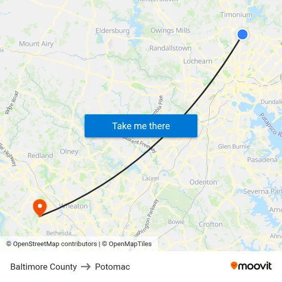 Baltimore County to Potomac map