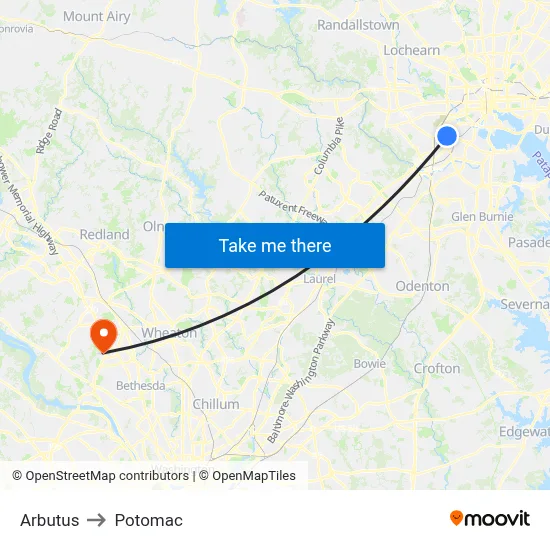 Arbutus to Potomac map