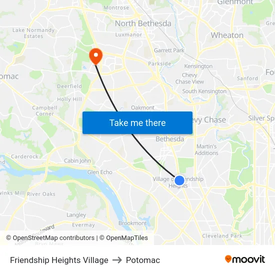 Friendship Heights Village to Potomac map