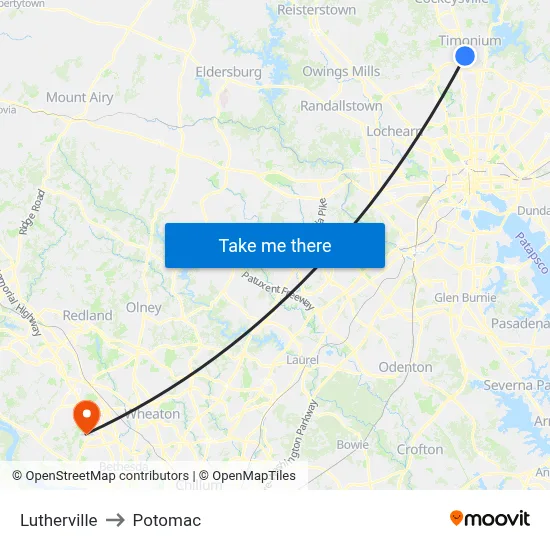 Lutherville to Potomac map
