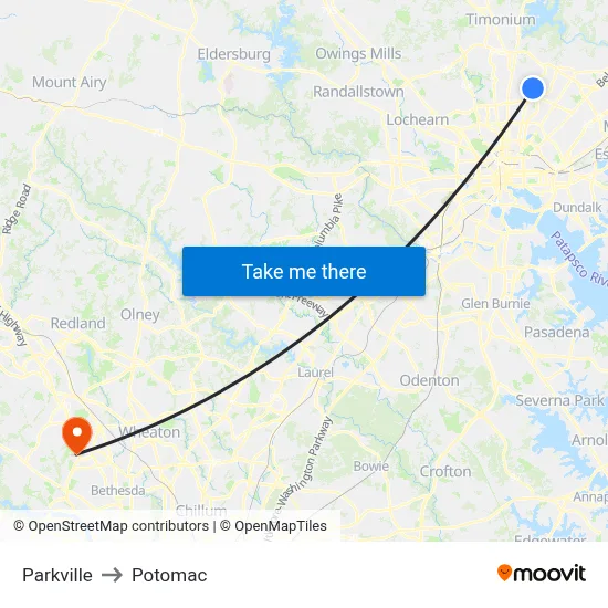 Parkville to Potomac map